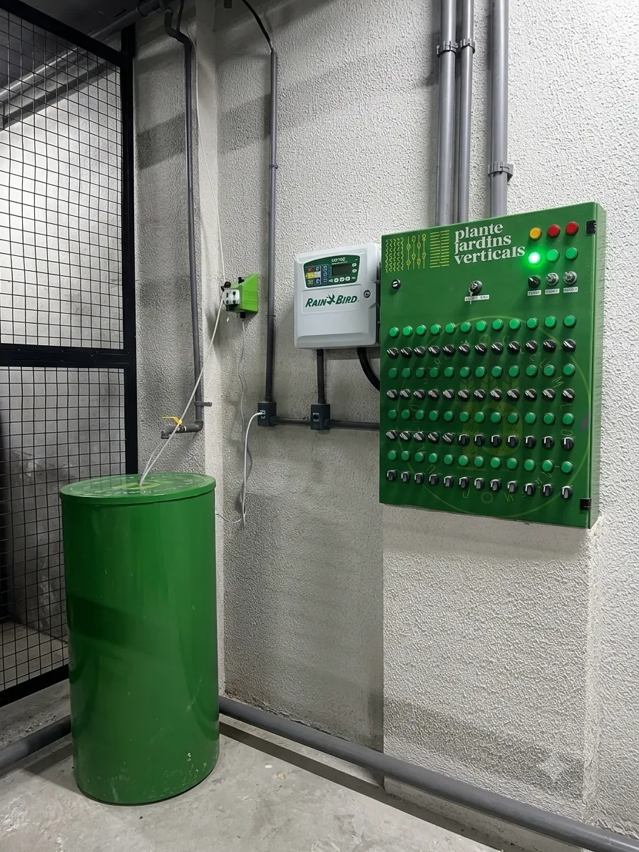 Sistema de fertirrigação automática Plante — reservatório, quadro hermético, dosadora EMEC e controlador 36 zonas
